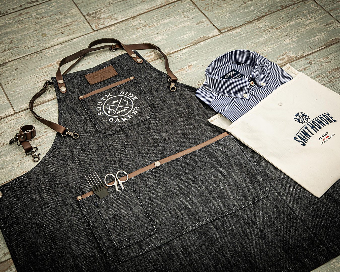 Black denim barber apron with tool pockets, shirt and Saint-Honoré Monaco pouch